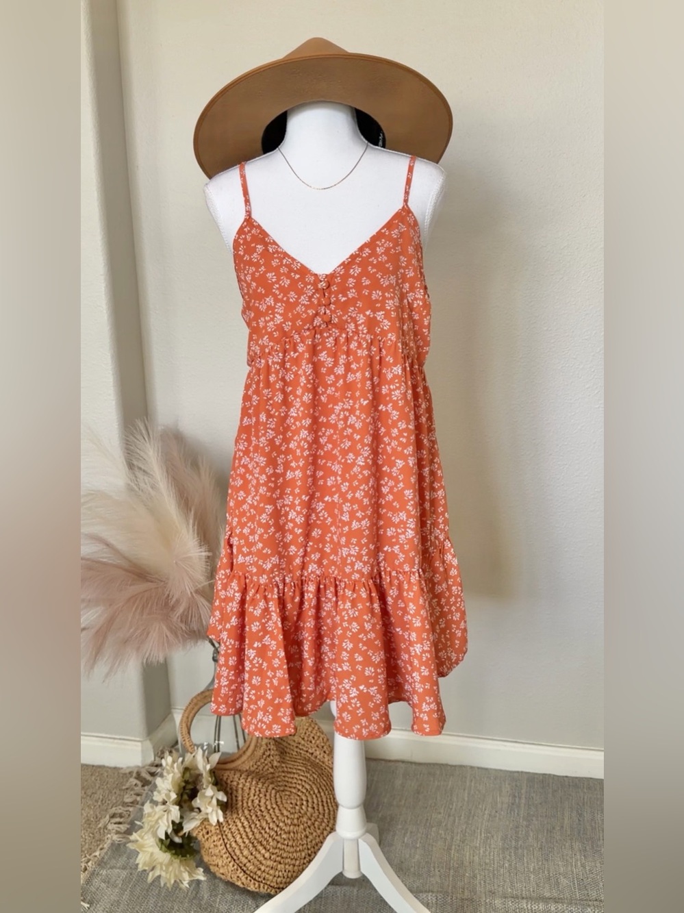 NWOT - Very J - Womens Orange Floral Spaghetti-Strap Short Dress